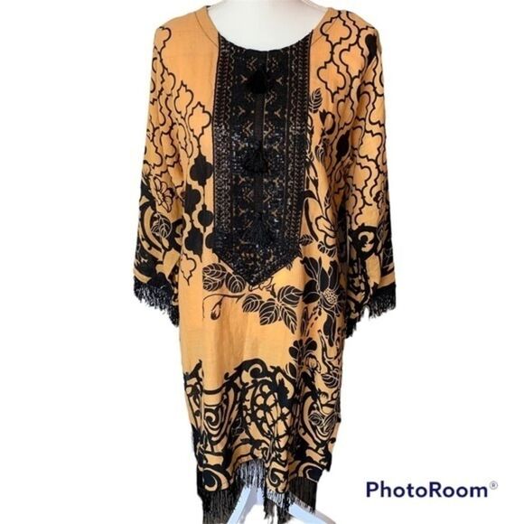Women's Handmade Indian Kurta Sequined Tasseled Fringe Hem Golden Yellow Black - Picture 1 of 12
